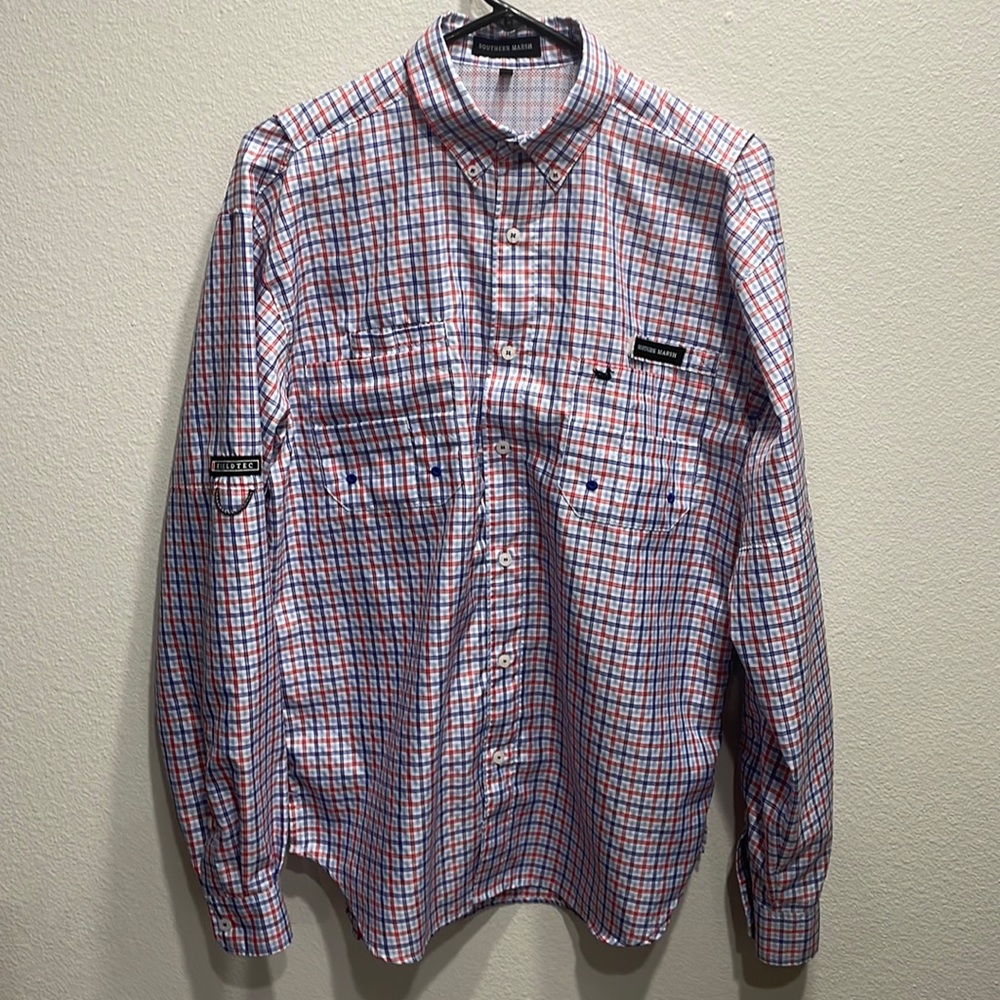 Southern Marsh Harbor Cay Fishing Shirt - Abaco Grid - Navy & Red